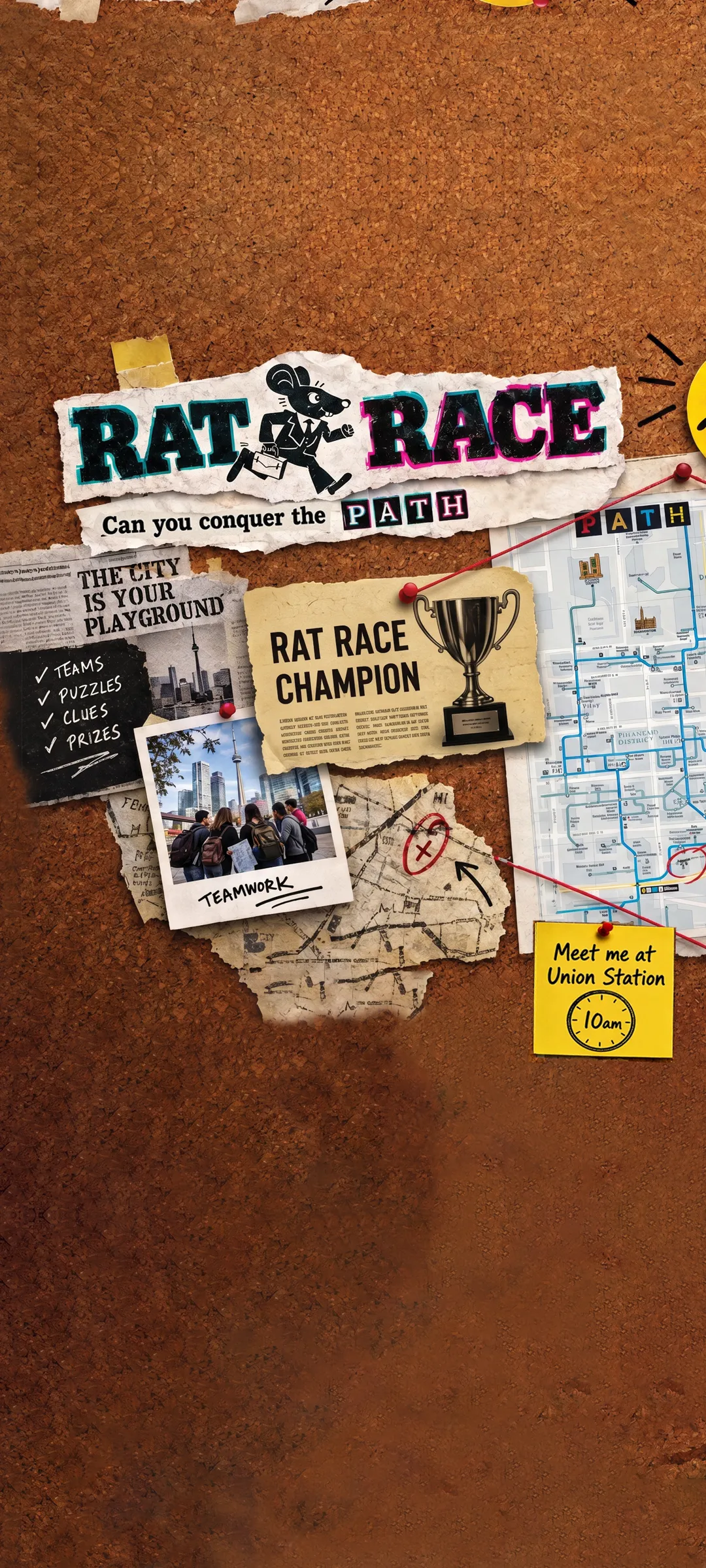 Rat Race cork board with the P.A.T.H. map, clues and polaroids