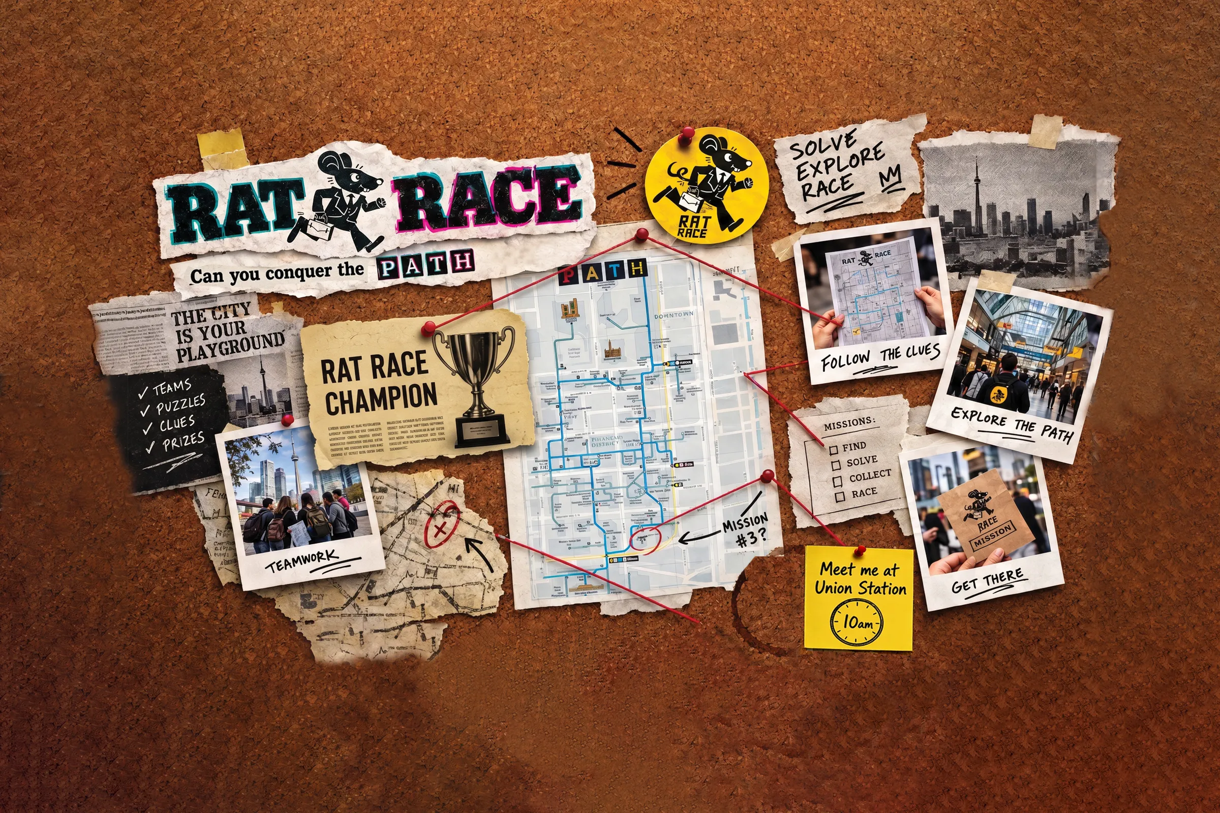 Rat Race cork board with the P.A.T.H. map, clues and polaroids